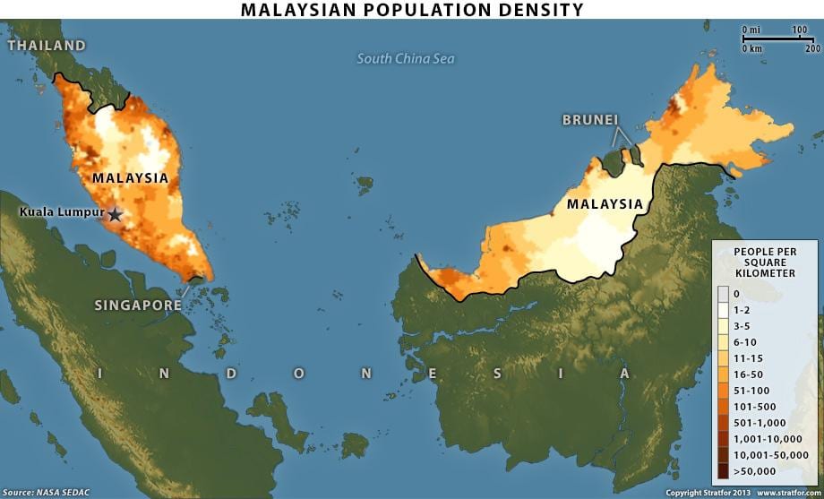 malaysiako biztanleriaren dentsitatea mapa